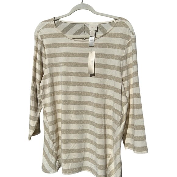 Chico's metallic gold & cream striped knit top, size 2 (like a 12) festive (NWT) - Picture 2 of 12